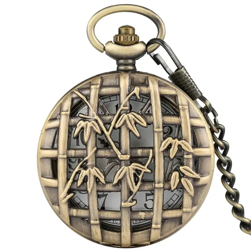 

Vintage Hollow Out Bamboo Case Retro Quartz Pocket Watch for Men Women Arabic Number Clock with Bronze Necklace Chain reloj