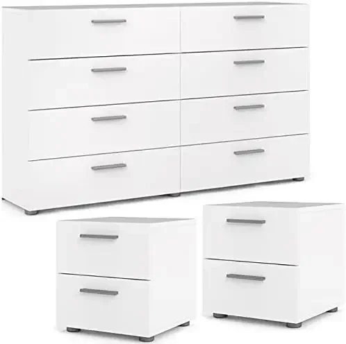 Scandinavian Look 3 Piece Bedroom Set 8 Drawer Double Dresser and Two Nightstand in White