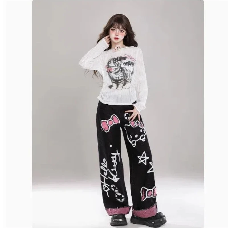 Hello Kitty Print Jeans Women's Spring Autumn Tide American Retro Babes Loose Wide Leg Pants Girls Birthday Christmas Gifts