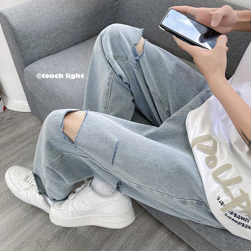 

Street Sle Men's Loose Fit Dad Jeans Trendy Hip Hop Casual Harajuku Sle Cuffed Long Pants Summer Faion Youth