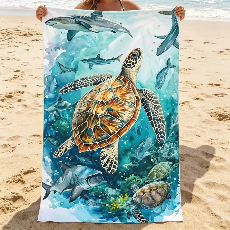 Watercolor Ocean Sea Turtle Shark Beach Towel Sand Free Blanket Underwater Coral Marine Animal Print Towel for Summer Beach