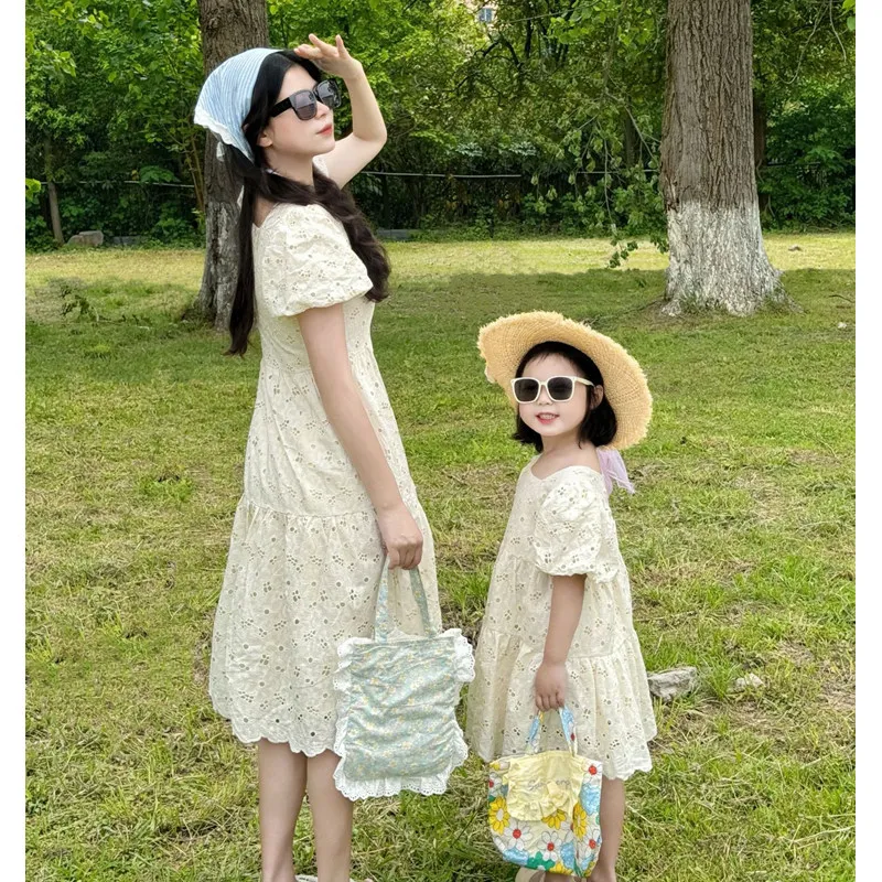 Matching Mother Daughter Dress 2024 Summer Mom and Baby Girl Shor Sleeeve Dresses for Women Clothing Korean Children\'s Frocks