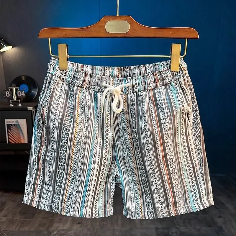 

plus Size Ethnic Floral Casual orts Men's Summer Stripe Straight Leg Four Beach Pants Loose Fit Trousers for Men And Women