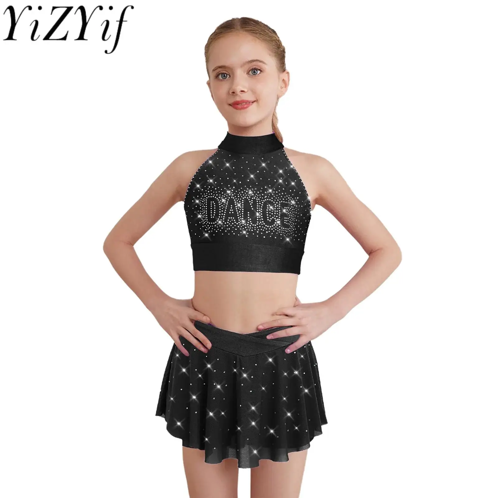 

Kids Girls Sparkling Cheering Ballet Dance Sets Rhinestones Crop Top with Sheer Mesh Skirt for Cheerleading Performance Outfits