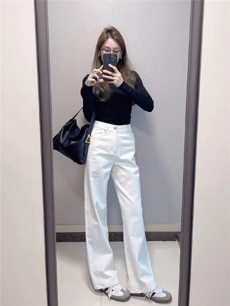 

Extended 175 White Wide Leg Jeans Loose High Waist Slim Straight Floor-Length Women's Denim Pants Spring Autumn High Waist