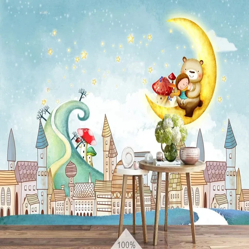 Custom Any Size Mural Wallpaper Cartoon Hand Painted Creative Fashion Moon Children's Room Papel De Parede Infantil Wallpaper