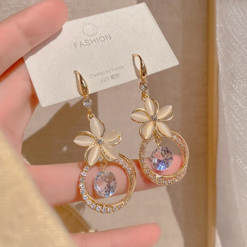 Luxury Crystal Zircon Flower Tassel Earrings For Women Exquisite Opal Flower Rhinestone Earrings Wedding Party Jewelry Gift