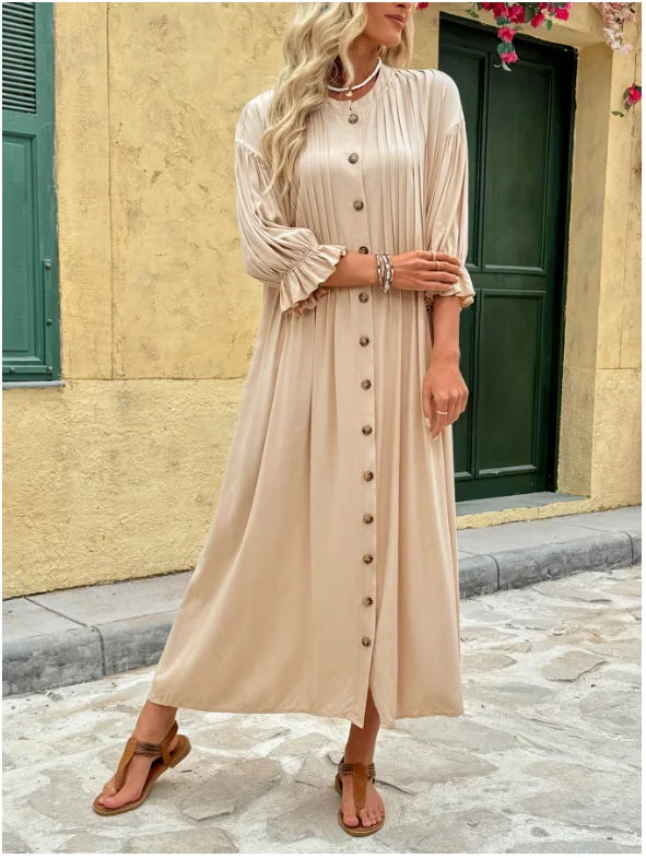

Vacation Commuting Retro Elegant Long Skirt Single Row Button Solid Color Dress for Women Summer Elegant Straight Tube Dress