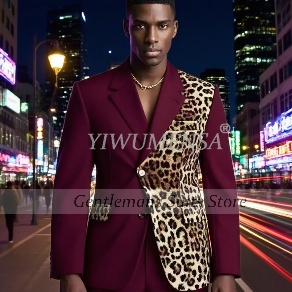 

British Style Suits Men 2 Pieces Leopard Spliced Prom Blazers Customized Man Banquet Dinner Party Groom Tuxedos Latest Design