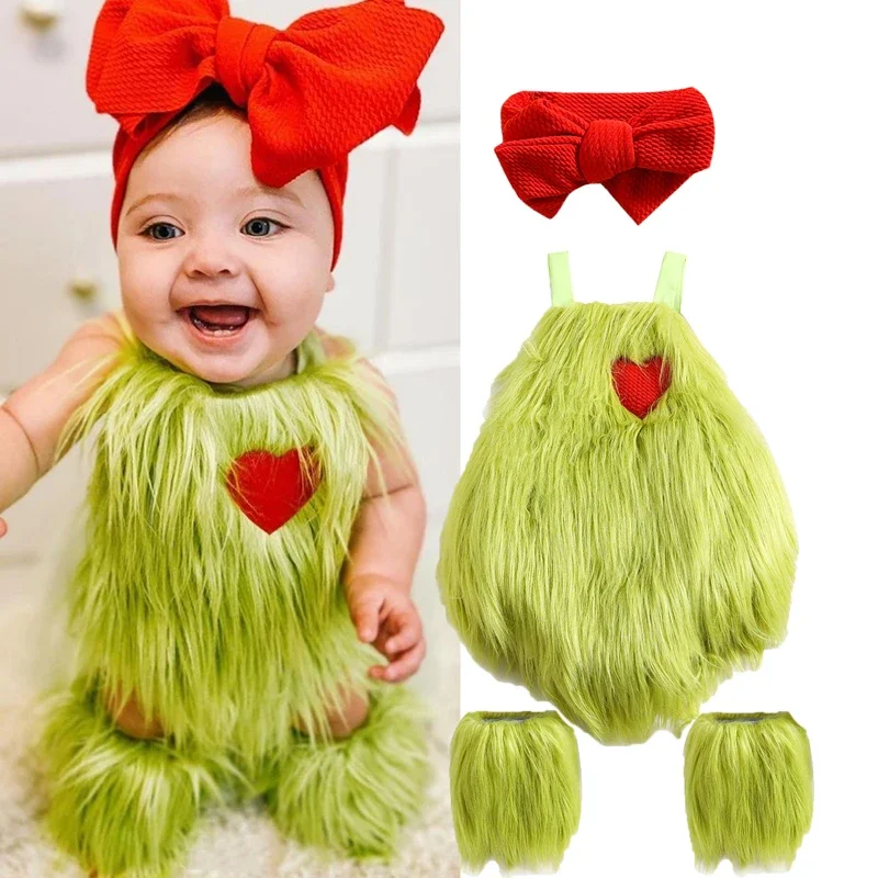 Baby Costume Suit Set Heart Applique Halter Neck Sleeveless Romper Solid Color Bowknot Headband Leg Warmer Clothes 0-24 Months