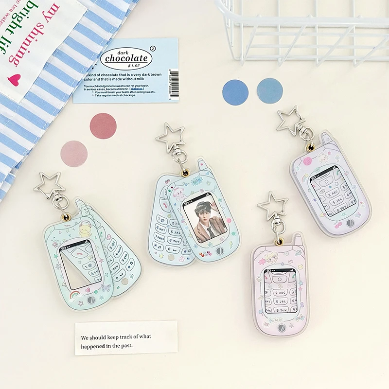 1PC School Stationery DIY Accessories Kawaii Acrylic Mobile Phone Shape 1 Inch Photocard Holder Card Photo Holder Bag Pendant