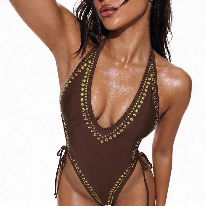 Summer Women Party  Beach Vacation Halter V‑Neck Metal Stud Decor Side Tie Sleeveless Fitted Bodysuit