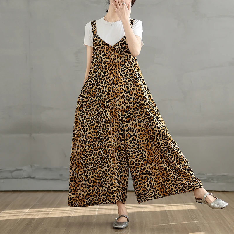 Pantalon une pièce amincissant imprimé léopard, décontracté, ample, bretelles, jambes larges, jupe, bon à porter, beau drapé