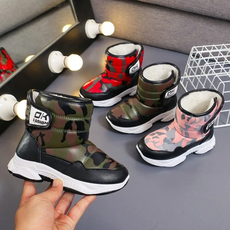 2026 Winter Children Shoes Plush Waterproof Fabric Non-Slip Girl Boy Shoes Rubber Sole Snow Boots Fashion Warm Outdoor Boots