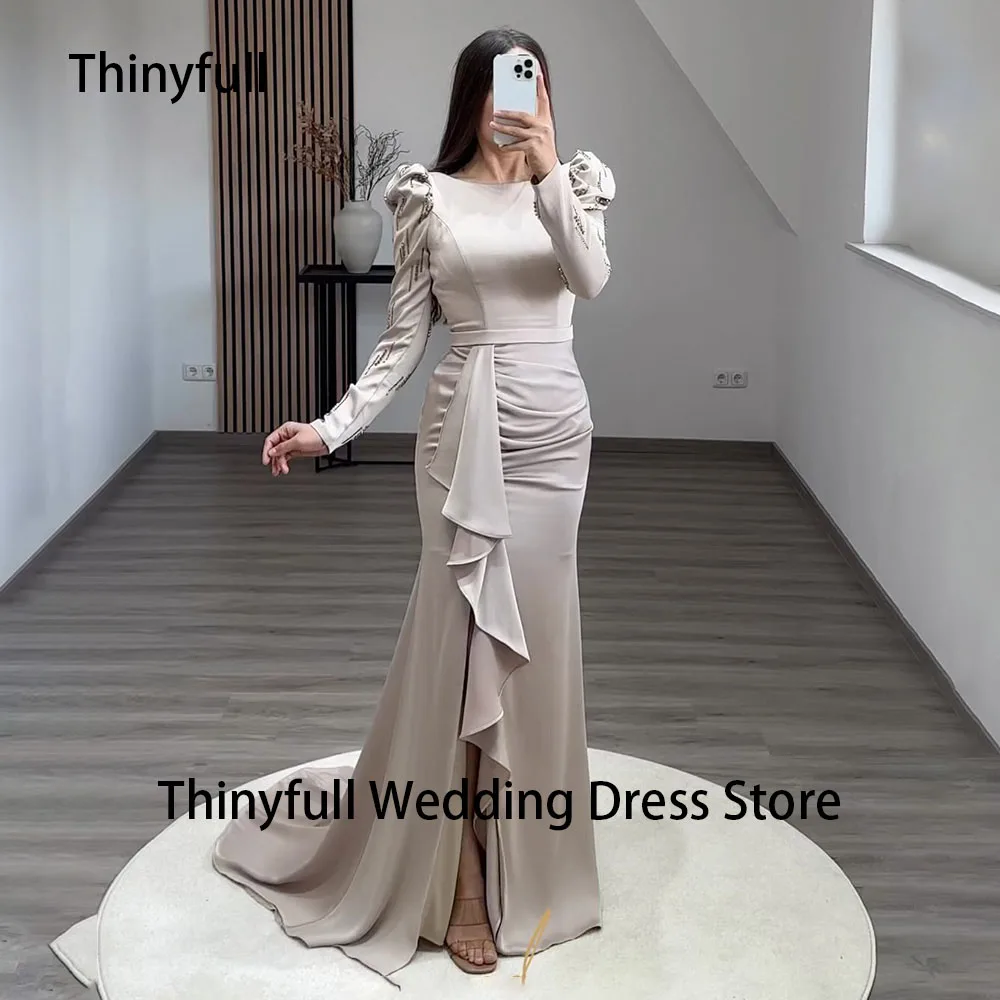 

Thinyfull Mermaid Evening Dresses Long Sleeve Pleat Satin Prom Gown Arabic Formal Occasion Dresses Muslim Party Gown for Women