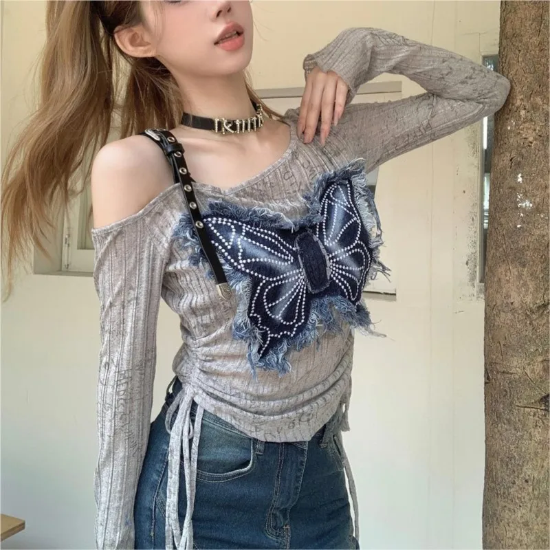 New Polyester Long Sleeve Butterfly Irregular Diagonal Shoulder Thin Drawstring Waist Slim Fit Spicy Girl Sweater Women's Top