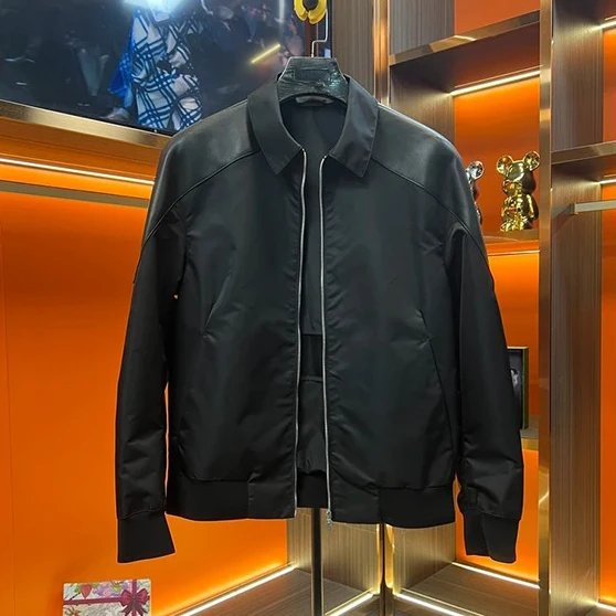 

Faionable Patchwork Leather Trimmed Slim Fit Collar Jaet Men's Sli Lightweight Luxury Simple Outerwear Trendy Brand