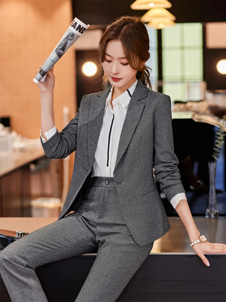 Pure color suit jacket spring and autumn temperament women\'s suit interview formal hotel office uniform two piece sets womens