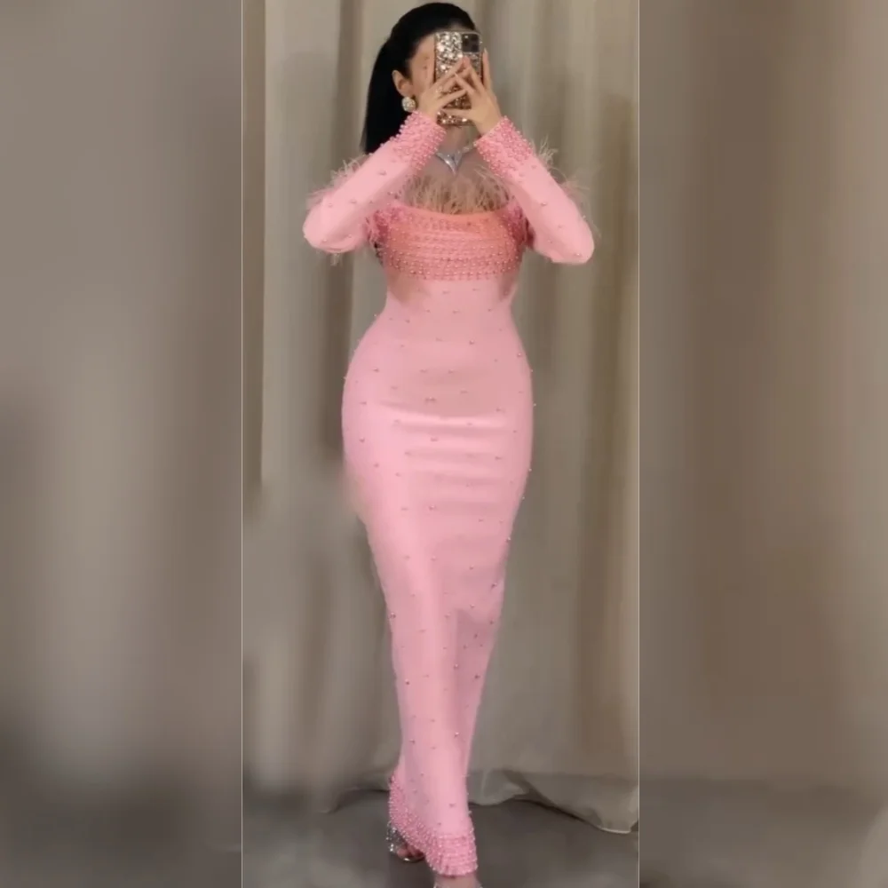 

Customized High Quality Jersey Pearl Tassel Straight Off-the-shoulder Midi Dresses Bespoke Occasion Retro