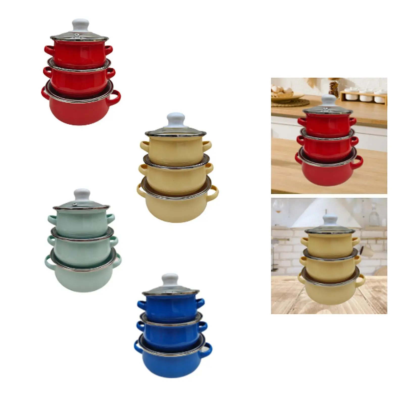 

3x Enamel Cooking Pots Kitchen Enamel Stockpot with Lid Cooking Pot with Lid