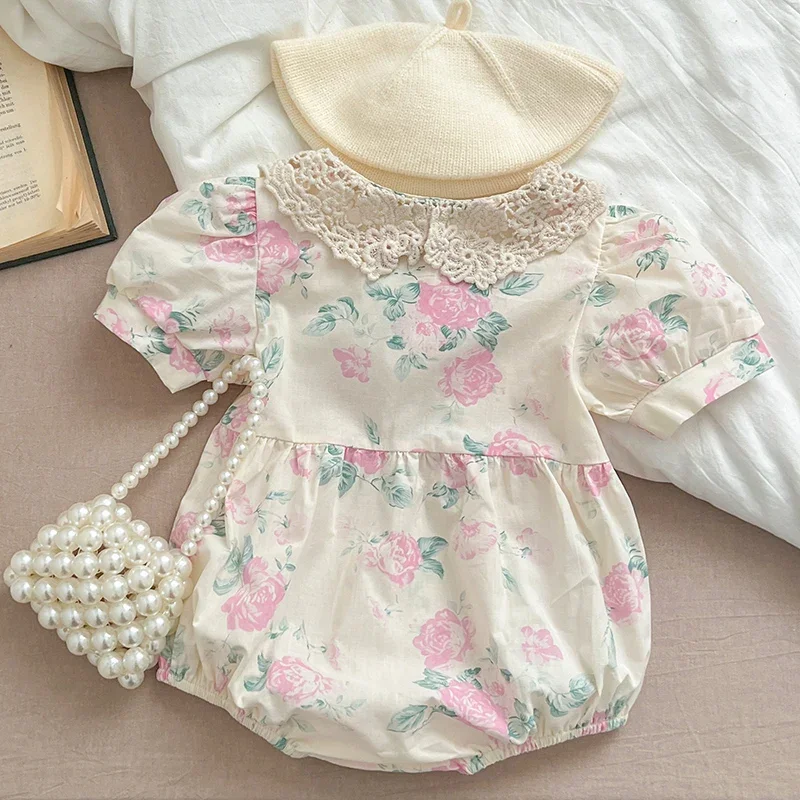 2025 New Summer Infant Baby Girls Bodysuits Short Sleeved Cotton Print Lace Splicing Toddler Baby Jumpsuit Children Clothes