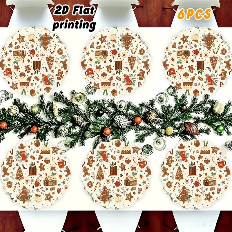 VIKAMA Linen Scalloped Placemats, Brown Christmas Doodle, Washable Stain Resistant Easy Clean, Holiday Dinner