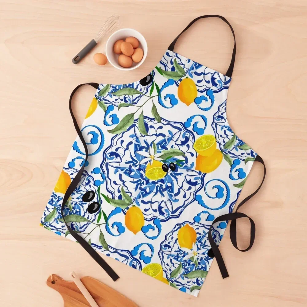 Summer,citrus,mosaic background ,Mediterranean style,lemon fruit pattern Apron Goods For Home And Kitchen Kitchen Front Apron