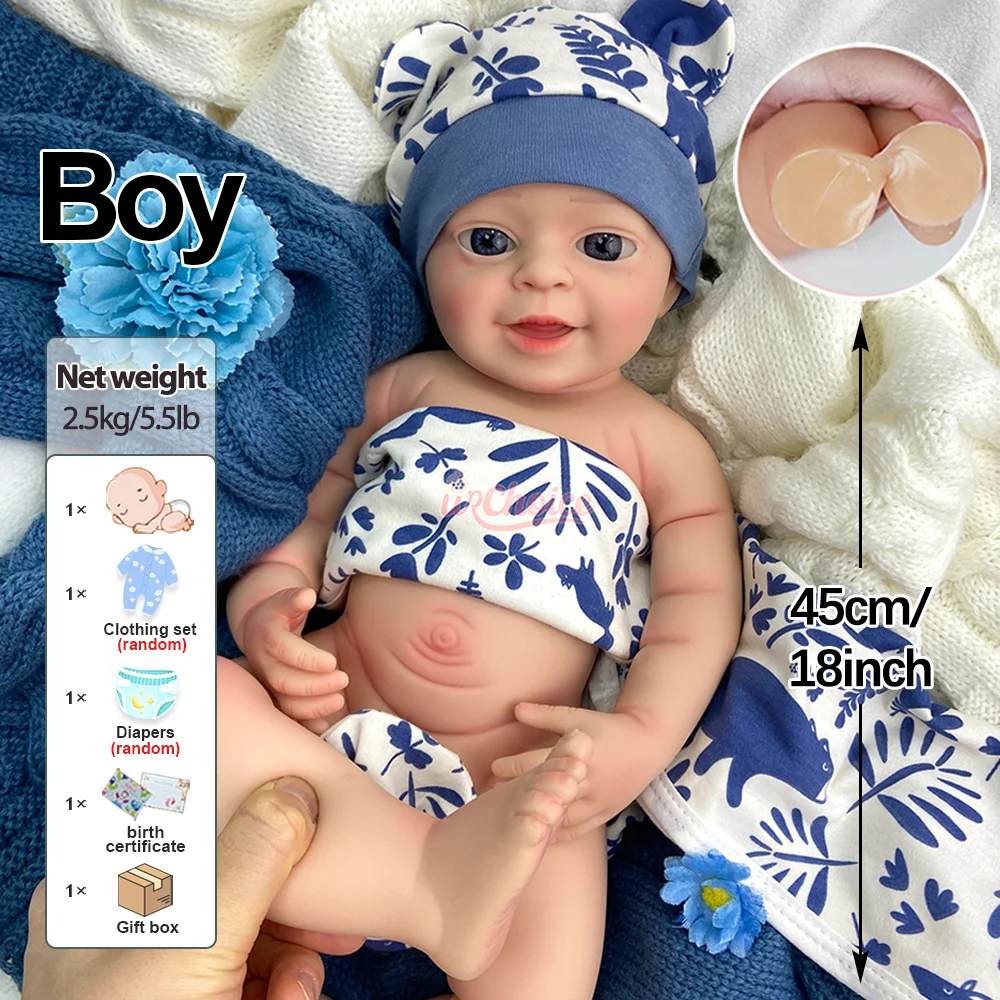 Open Mouth 18" Solid Silicone Reborn Boy Doll 3D Painted Skin Lifelike Newborn Baby Doll For Festive Toys Gifts Art Collection