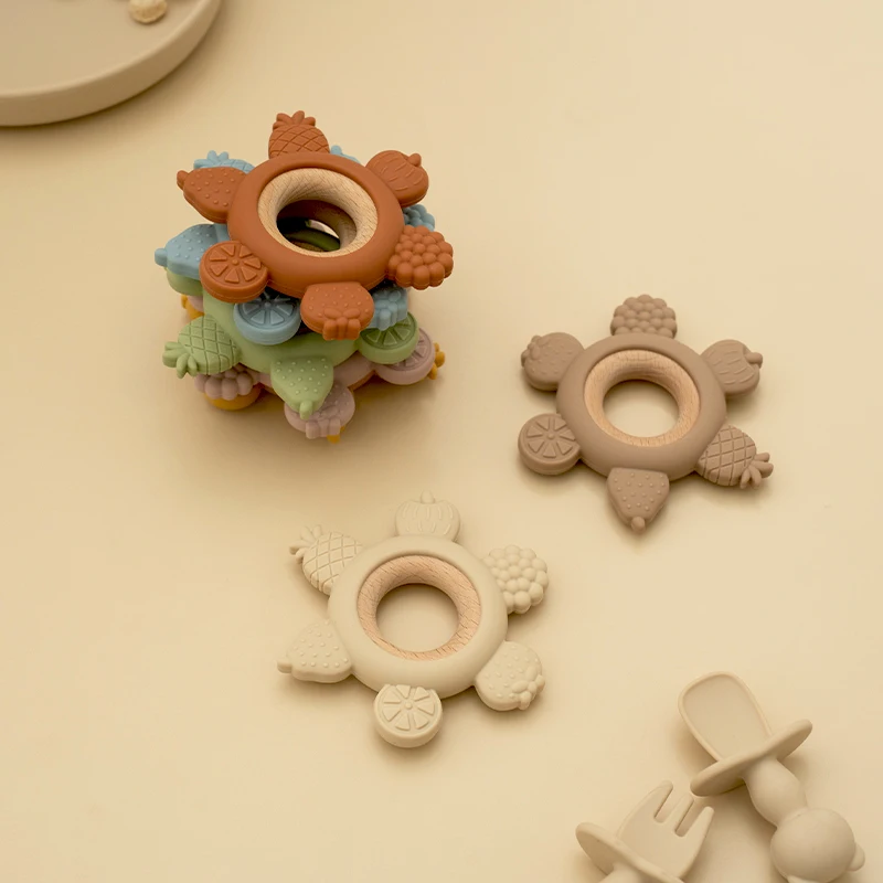 1개 아기 과일 모양 치발기 BPA 프리 실리콘 치발기 나무 링 포함 유아용 씹는 장난감 남아 여아 신생아 선물