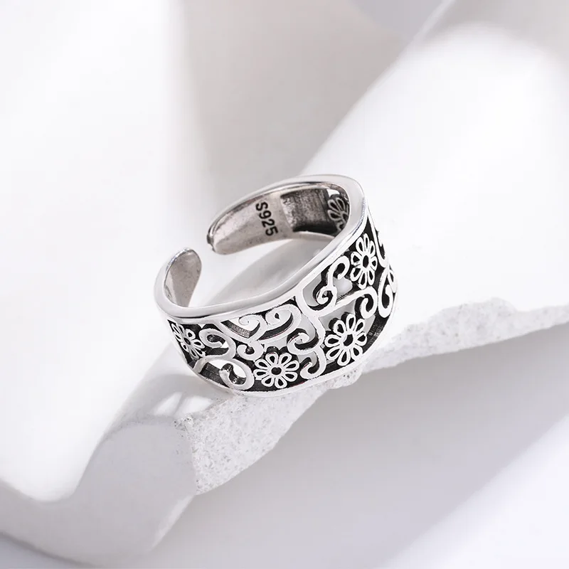 Buyee Blumenring aus 925er-Sterlingsilber, Fingerring, elegantes hohles Muster, offener Ring für Damen und Herren, modisch, süßer edler Schmuck, Kreis