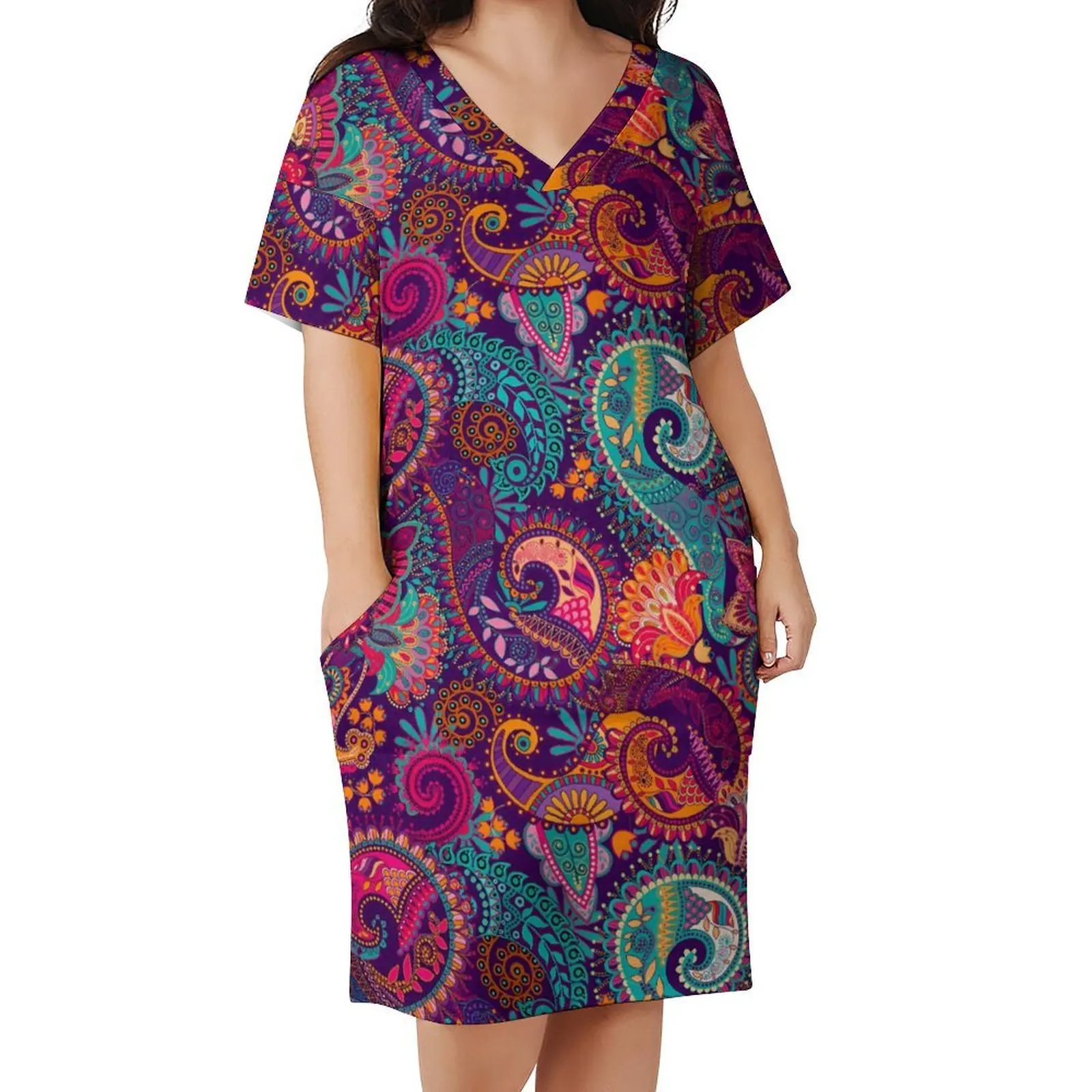 

Purple Orange Paisley Dress V Neck Colorful Floral Retro Dresses Female Streetwear Design Casual Dress With Pockets Big Size 5XL