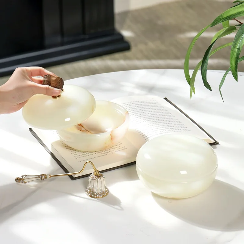 Wabi Sabi Wind Natural Onyx Marble Storage Box Cover Design Ornament Sample Room Home Hotel Desktop Aromatherapy Can Decoration