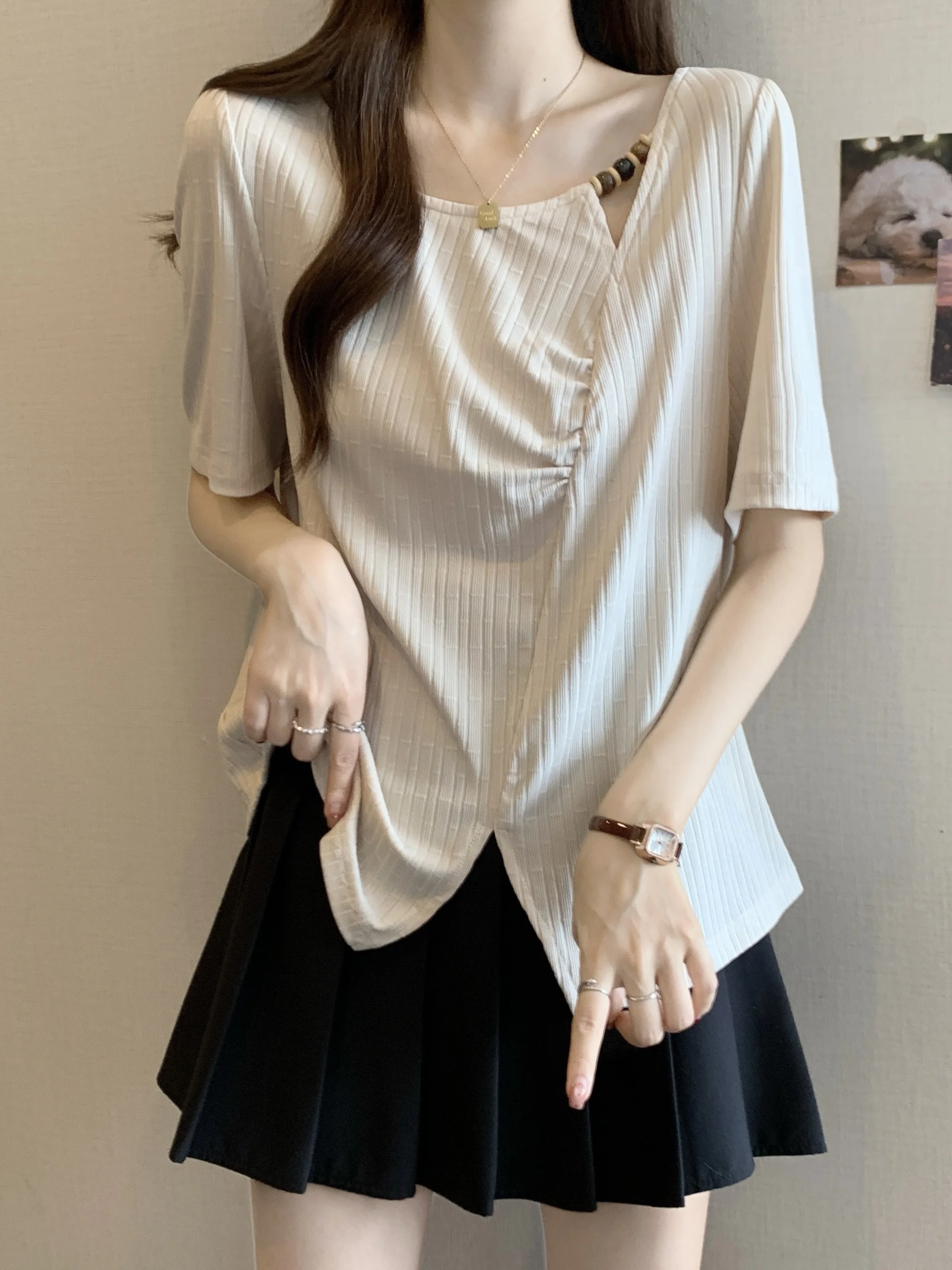 

plus Size Ice Silk Knitted Short Sleeve T-Shirt Women's Loose Open Split Design Summer Casual Sweet Style Princess Fit Top