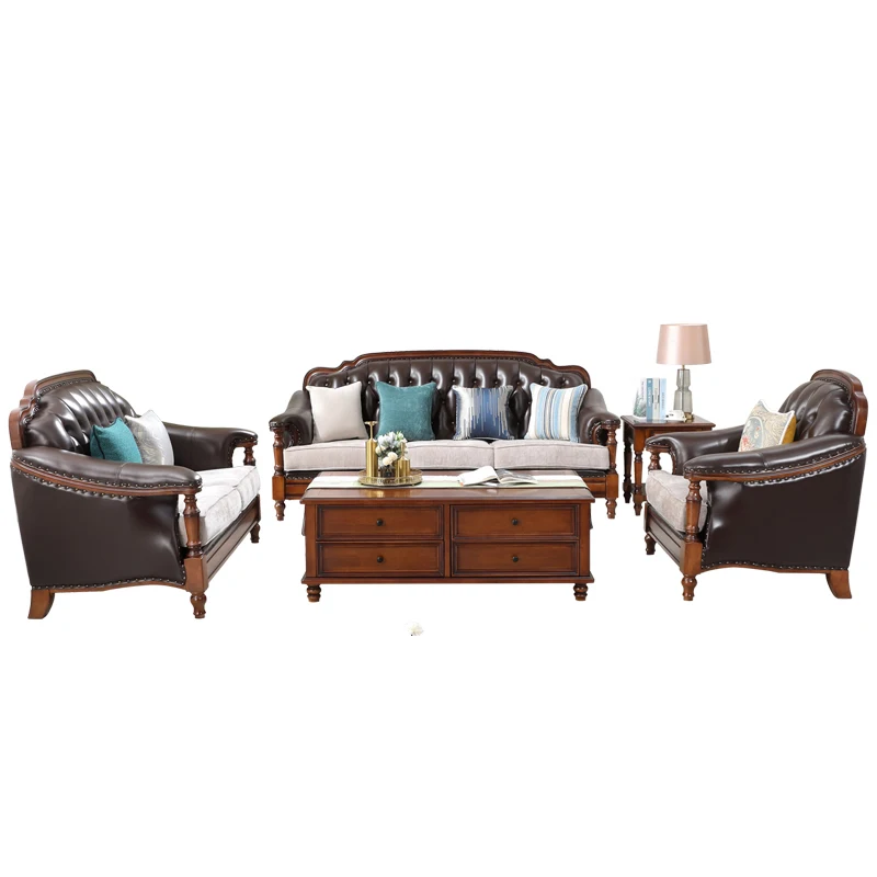 # American Classic Sofa Set, Leather and Fabric Upholstered Living Room Furniture with Tufted Accents & Coordinating Pieces