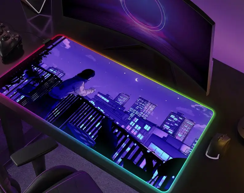 

Фиолетовый настольный коврик в стиле аниме, эстетический коврик для мыши, RGB светодиодный игровой коврик для стола, темно-синее небо, звезды, луна, милый Kawaii Kawai XXL, большой коврик для мыши