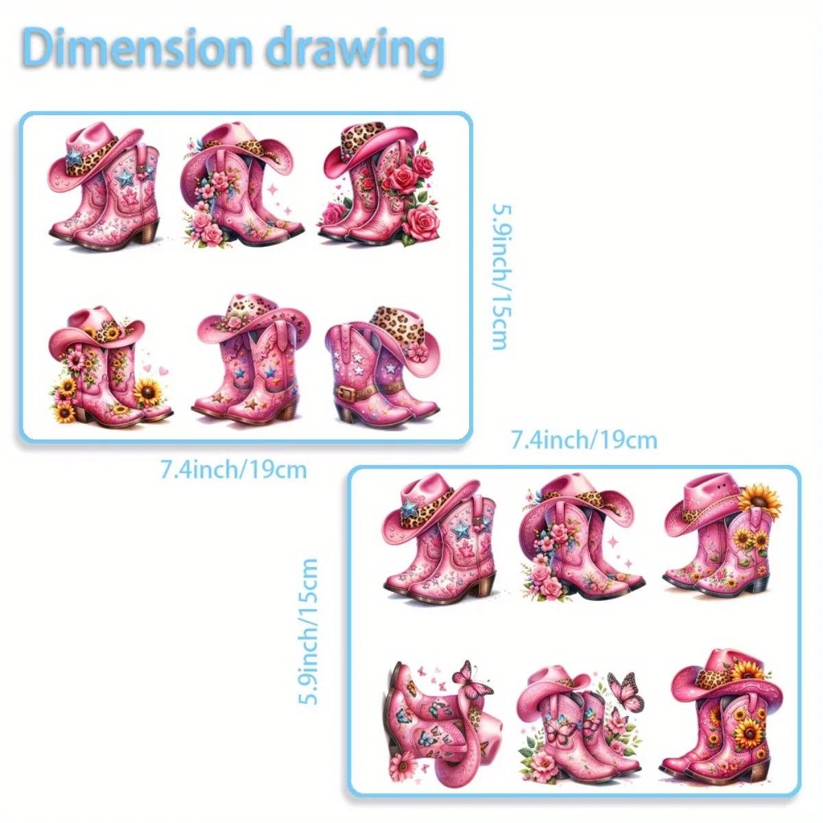 12PCS/SET Countryside Pink Western Cowboy Boot DIY Skinny Tumbler Wrap Decorative Transfer Paper UV DTF High Self-adhensive Wrap