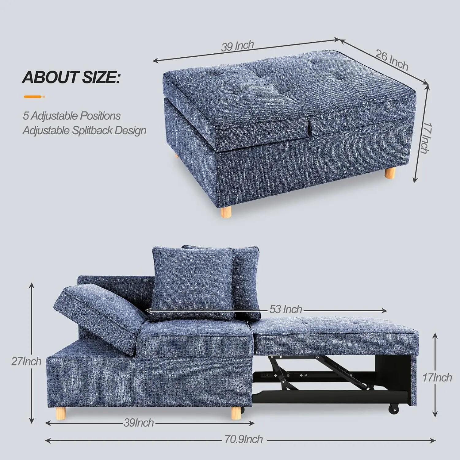 Four in one convertible sofa and long sofa, 3-seater linen double sofa with 2 pillows, 5 adjustable backrests, blue image 2