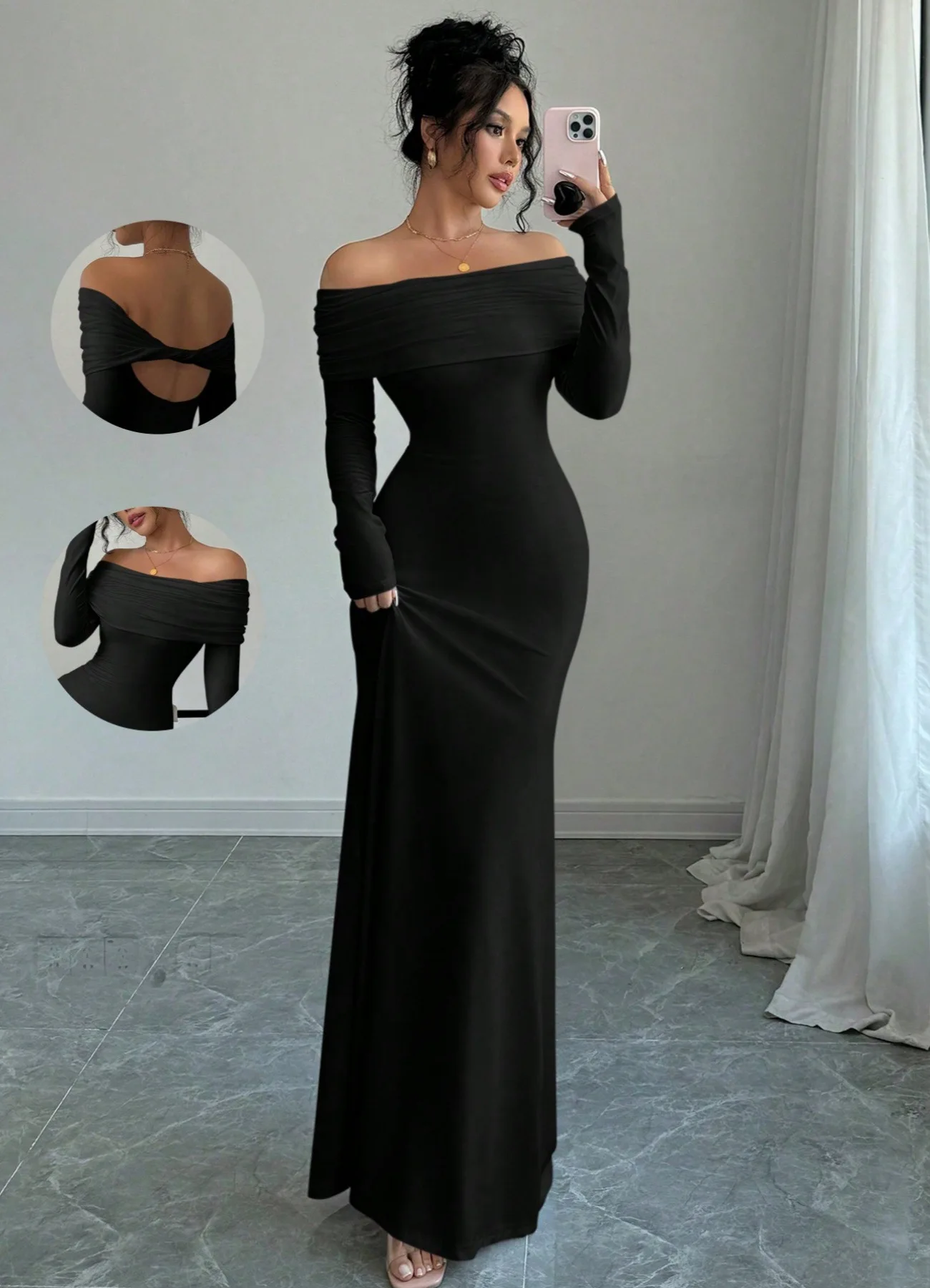 New Elegant Off Shoulder One Step Dress Women Slim Temperament Long Sleeve Dress Factory Wholesale