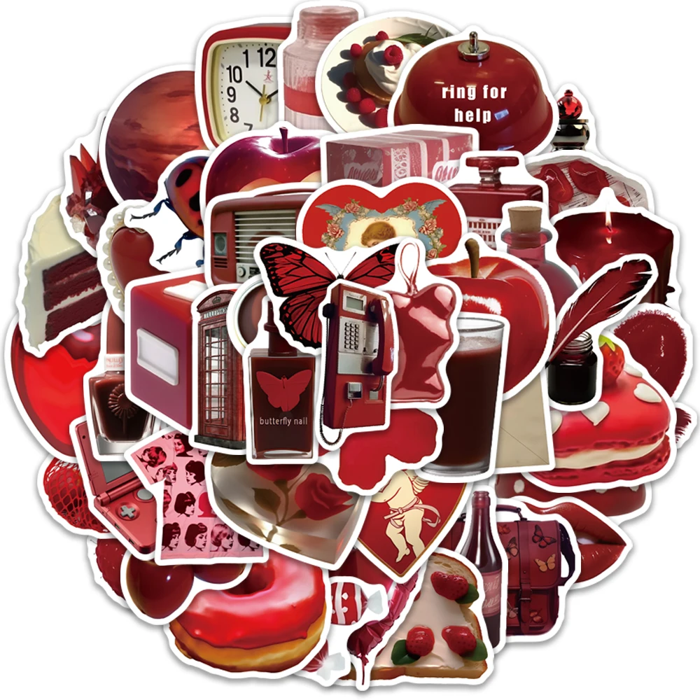 50PCS Retro Red Stickers Exquisite Handbooks Material Phone Cases Laptop Suitcases Water Cups Waterproof Stickers