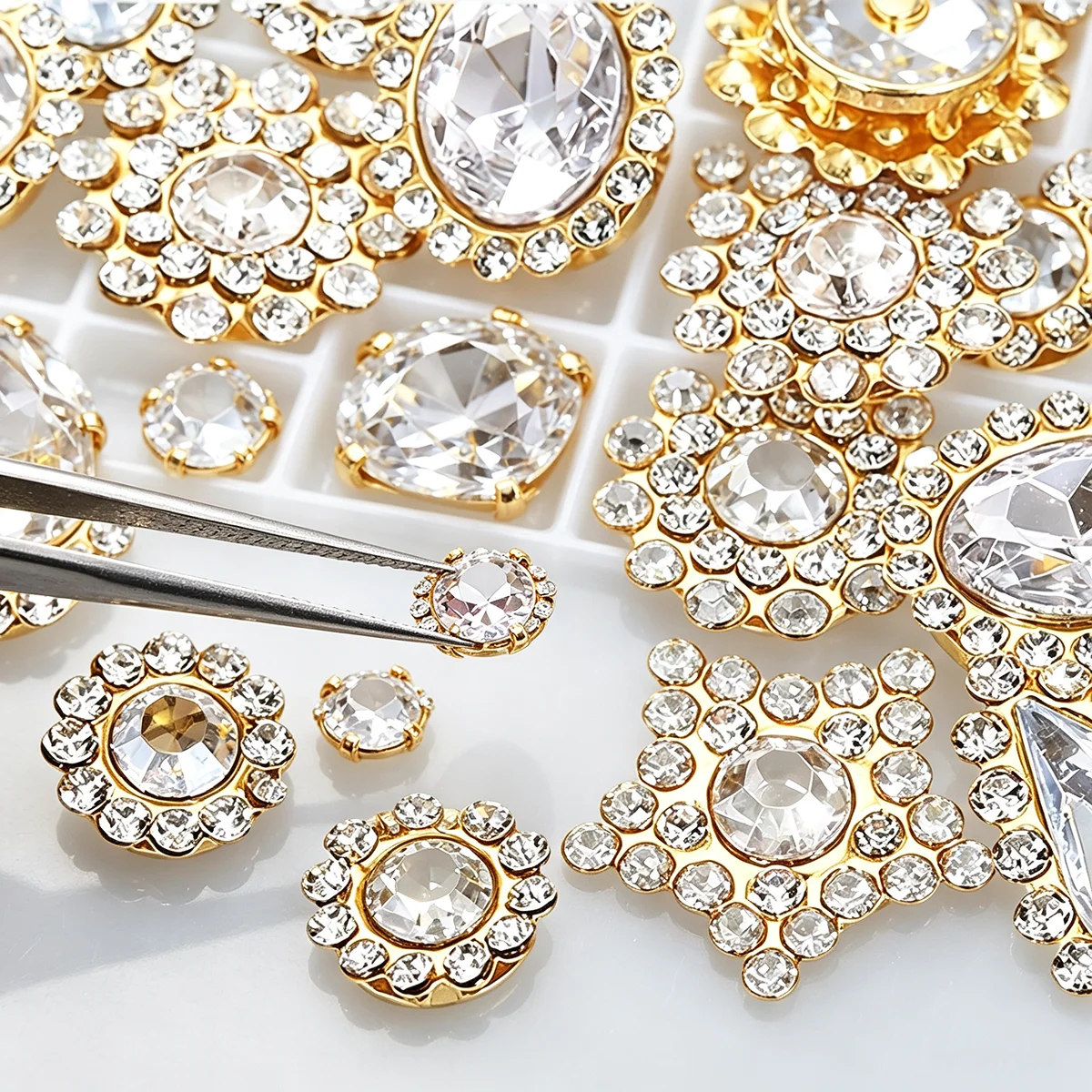 150Pcs Mixed Shapes Sew On Rhinestones Gold Setting Shiny Crystal Strass Stones Beads Rhinestones for Clothing Dress Decoration