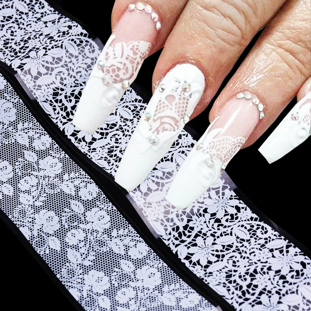 

10pcs Black White Lace Nail Foil Sexy Floral Transfer Stickers Holographic French Flowers Decals Art Manicure Decoration NLLS-01