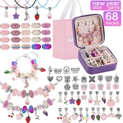 68Pcs Beading Kit with a Violet Jewelry Box- Pink Charms Bracelet Making Kit, DIY Beaded Bracelet Necklace Making Gift Box