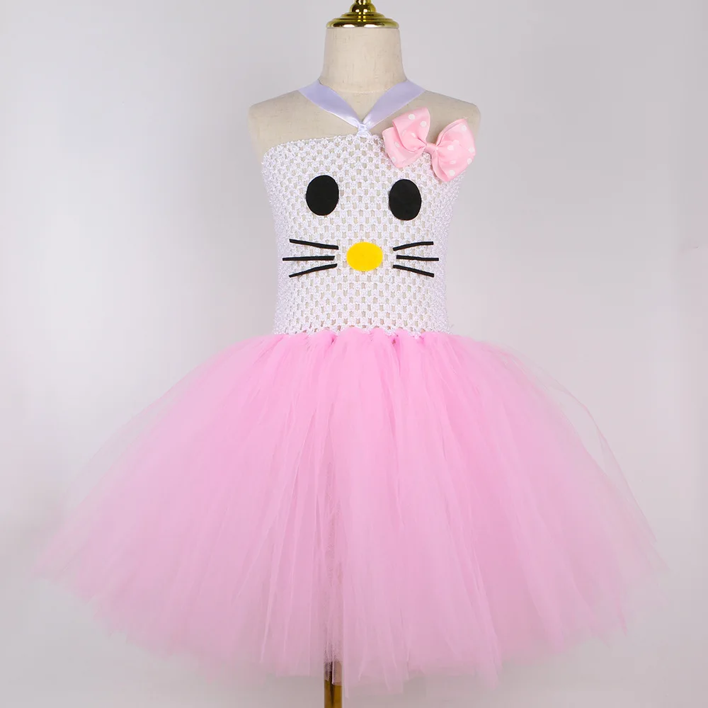 Cute Kitty Princess Tulle Tutu Dress Soft Pink Sheer Mesh Gown Sweet Elegant Birthday Holiday Carnival Stage Flowy Party Outfit
