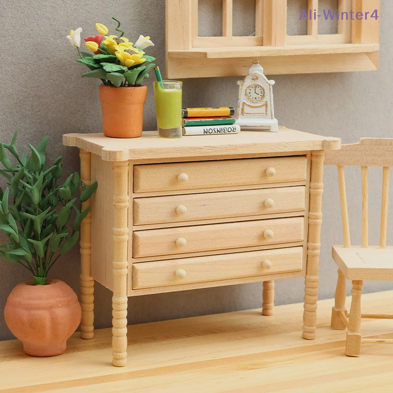 

【Winter4】1:12 Dollhouse Miniature Storage Cabinets Bedside Tables Drawer Chest Furniture Model Decor Toy Doll House Accessories