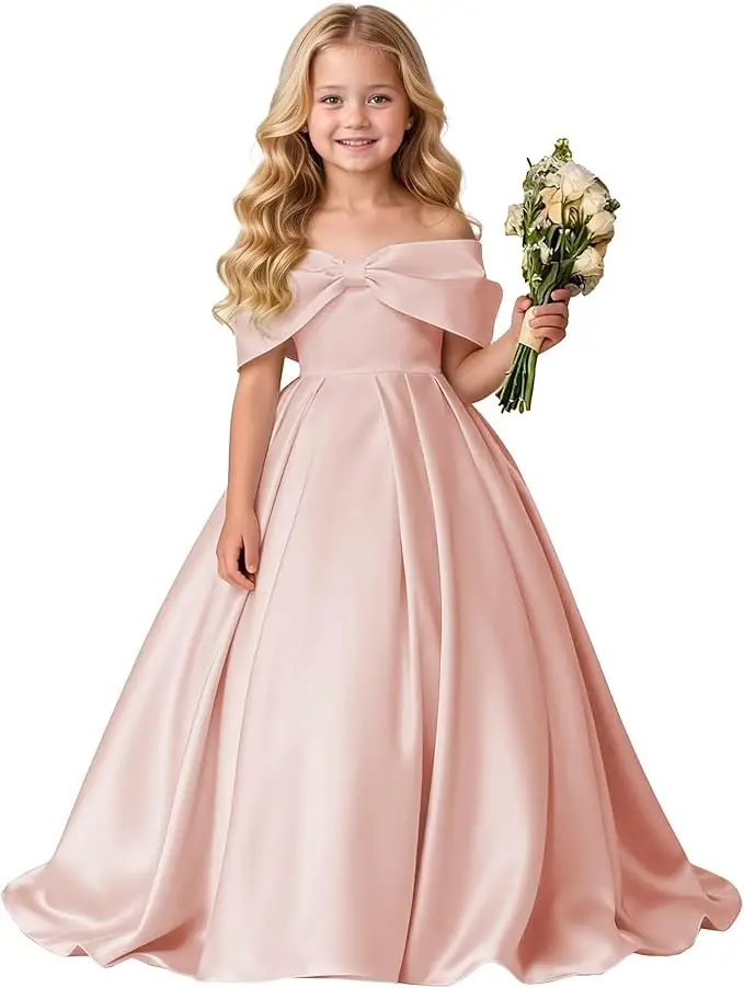 

Snvdzo Flower Girl Off Shoulder Bow-Knot Satin Dress For Wedding Birthday Evening Party Prom Banquet Princess Dresses 2026