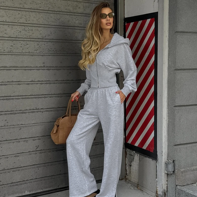 

TARUXY Slim Hooded Sweatshirt Pants Suit Female Zipper Waist Shaping Coat Slit Wide-Leg Pants Women Stylish Casual Two-Piece set