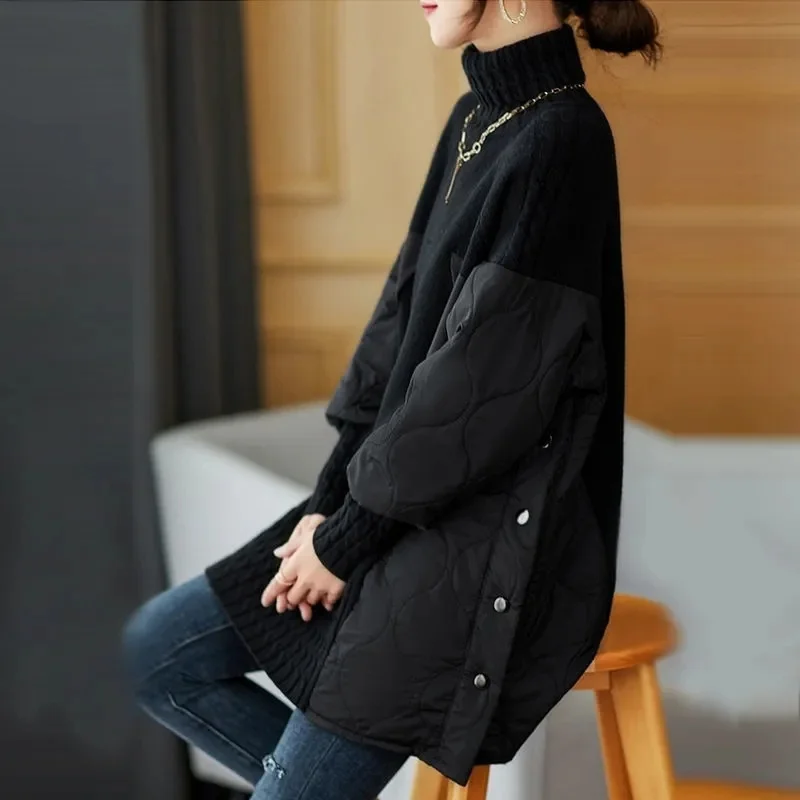 New 2024 Women's Parkas Autumn Winter Fashion Loose Mid Long Casual Splicing knitted Warm Female Jacket Outwear Overcoat Woman