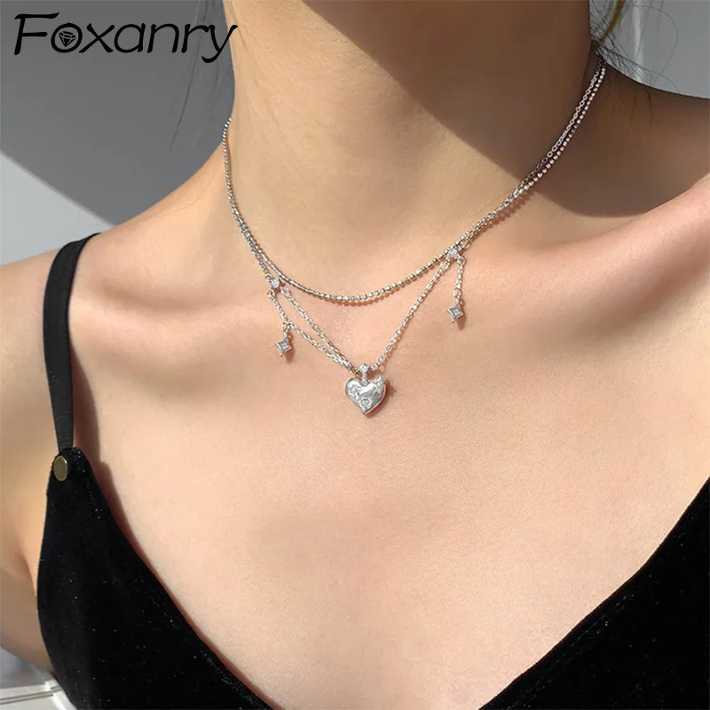 Foxanry Double-layered Chain Love Heart Necklace For Women Girl Creative Exquisite Trendy Temperament Wedding Bride Jewelry Gift