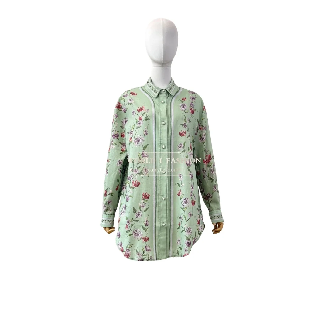 

Lapel Blouse Tops and Pants Set 2025 New Beautiful Green Floral Print Long Sleeve