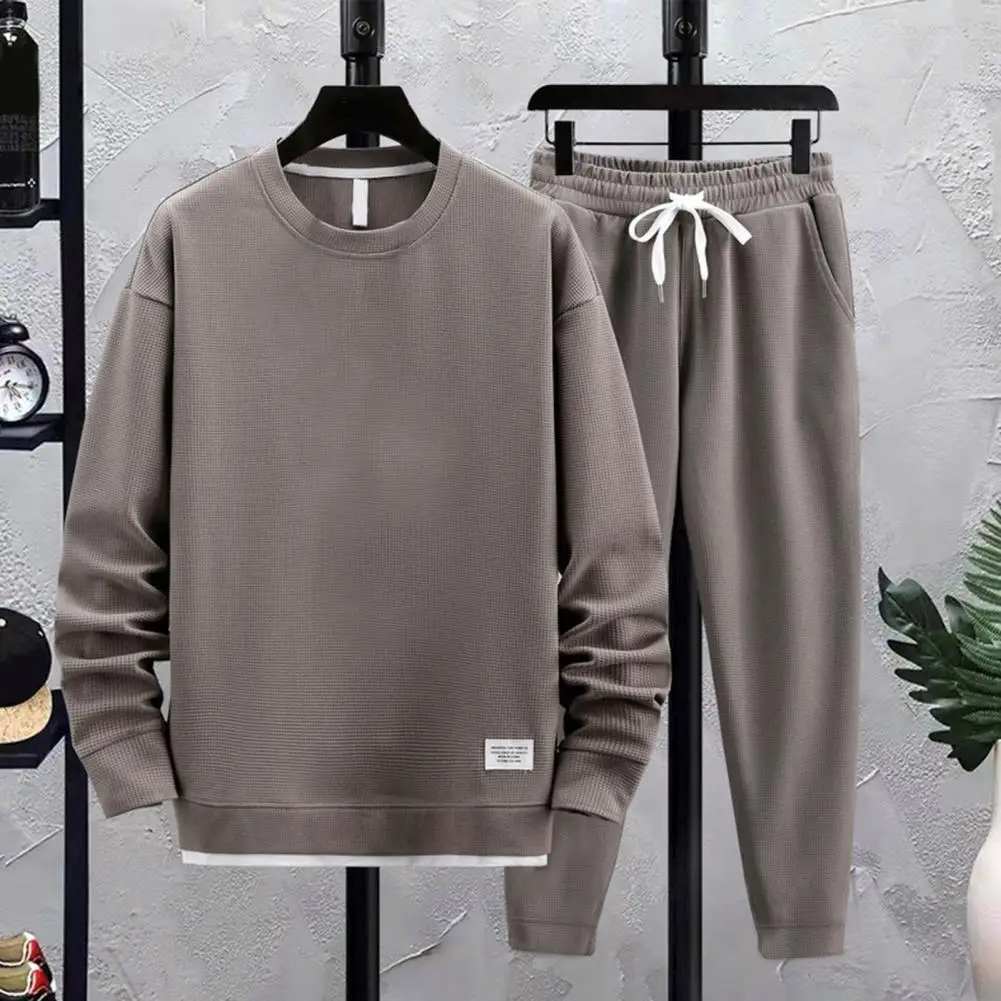 2024 New Men's Waffle Set Casual Long sleeved Sweatshirt and Long Pants Men's T-shirt Hoodie Casual Loose